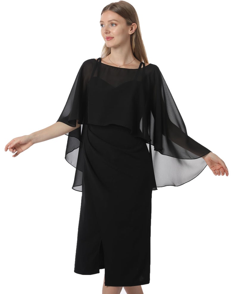 Hotshawl Capelets for women Chiffon Cape Shawls and Wraps for Evening Dress Wedding Capes Cover Up (Black) - Image 1